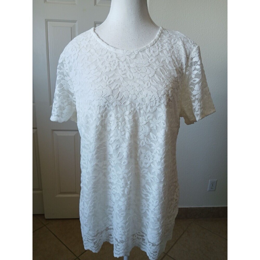 Teddi Rose Women's Large Shirt Short Sleeve Blouse Beige Lace Floral Overlay Top